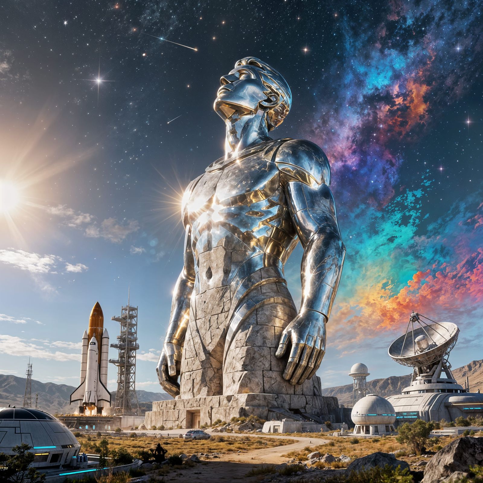 Colossal Human Statue Reaching for Stars in Futuristic Lands...