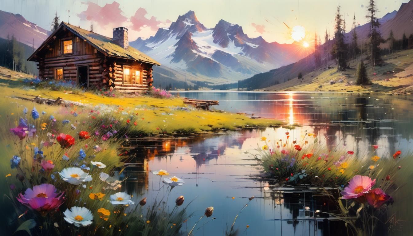 Mountain Meadow Log Cabin Sunset Painting