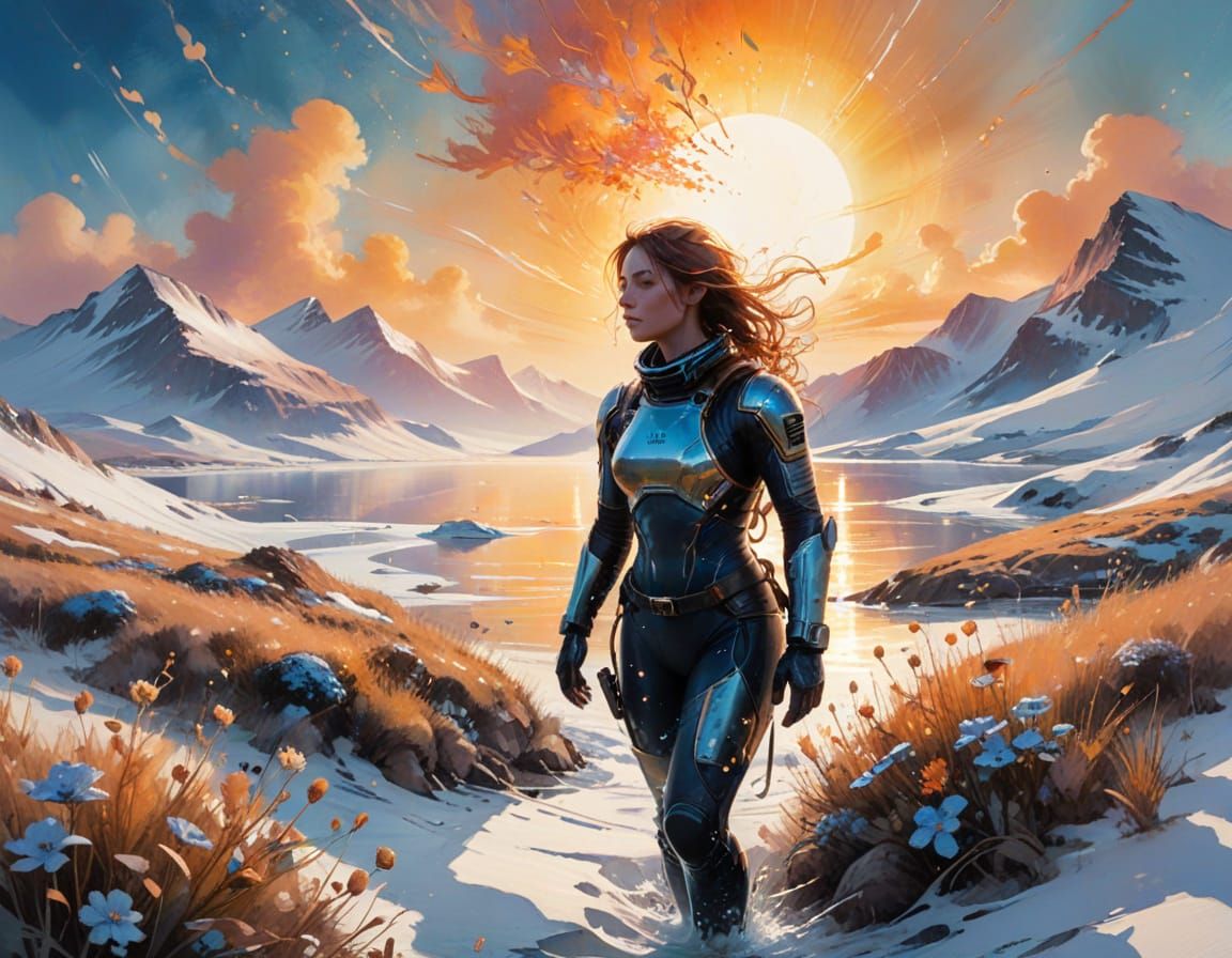 Ice Diver in Diamond-Blue Fjord, Watercolor Style