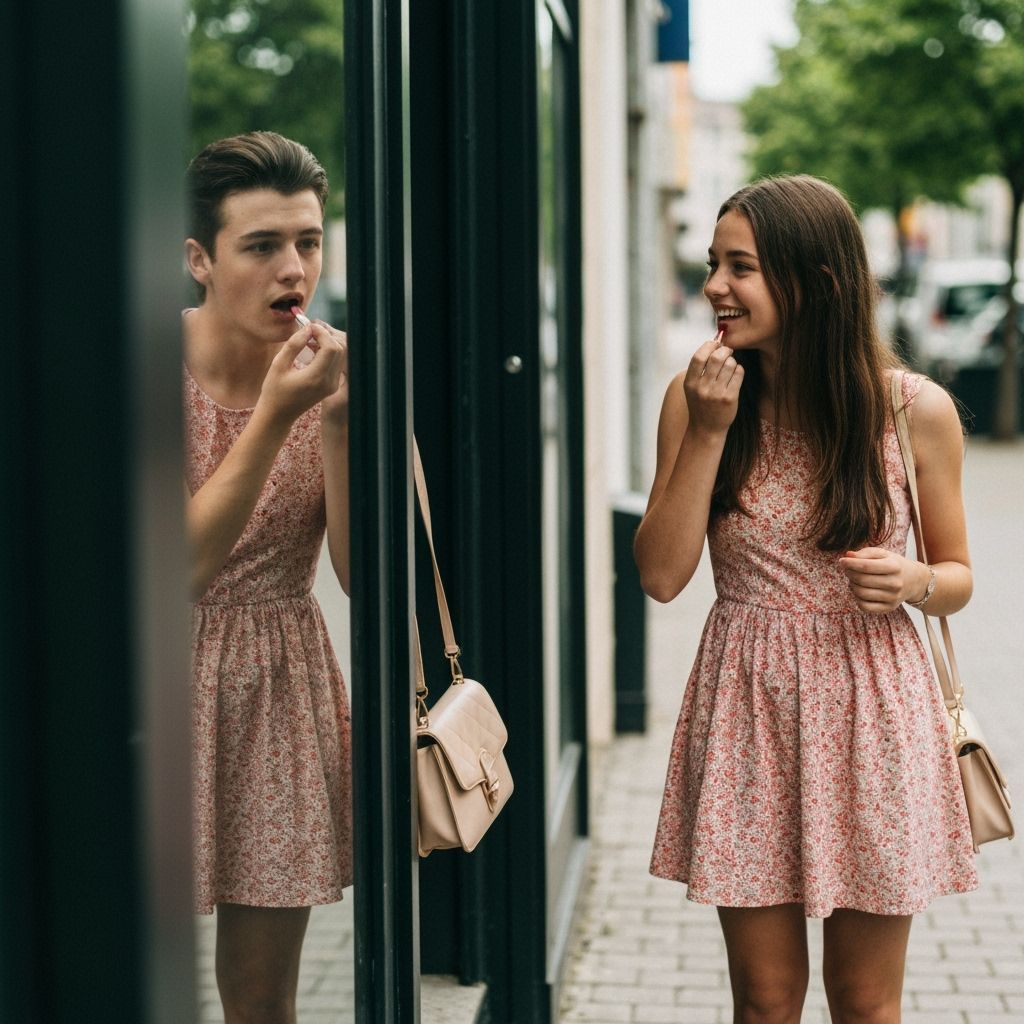 Crossdressing Teen Applies Lipstick, Cinematic Still