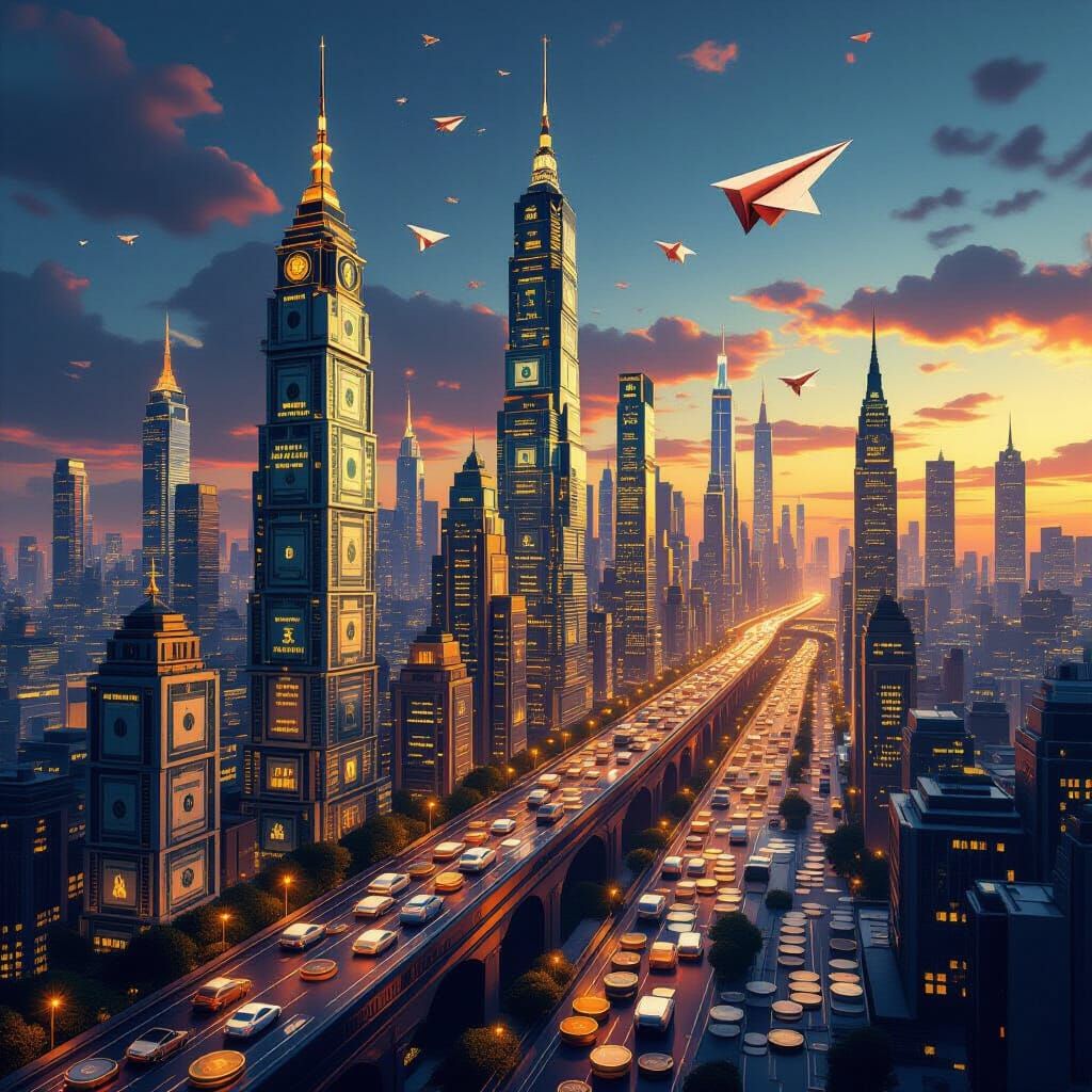 Surreal Dollar Bill Cityscape with Coin Roads at Twilight