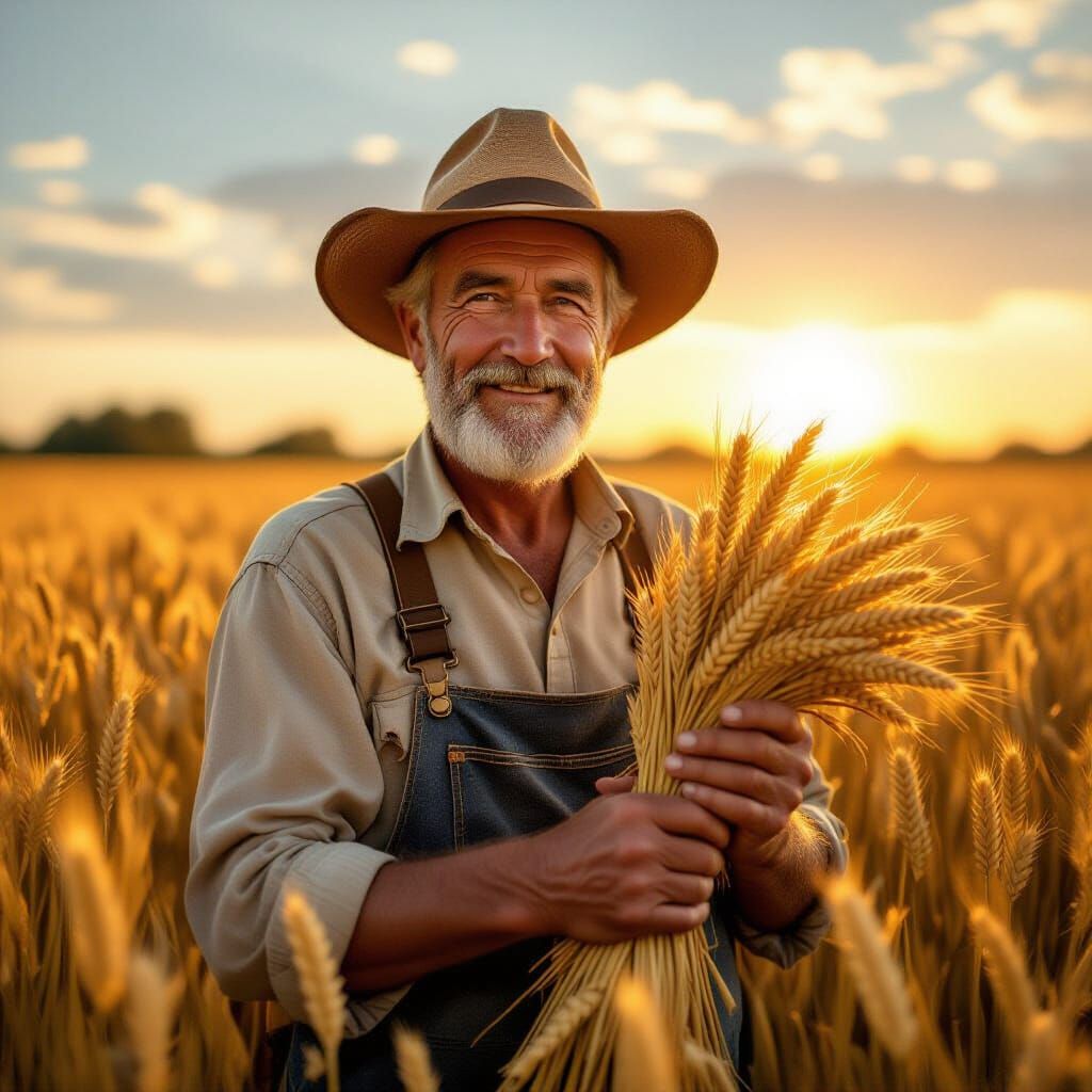Weathered Farmer in Golden Wheat Field at Sunset