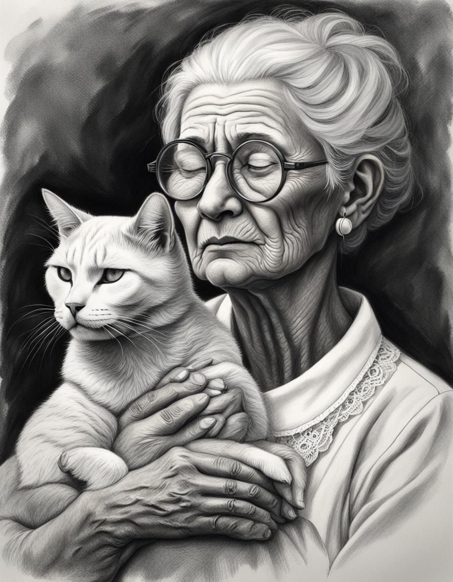 Elderly Woman with Cat, Hyperdetailed Charcoal Drawing