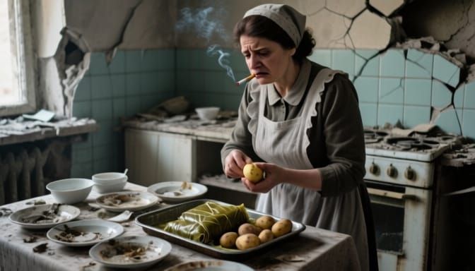Bosnian Woman Peels Potatoes in War-Torn Kitchen