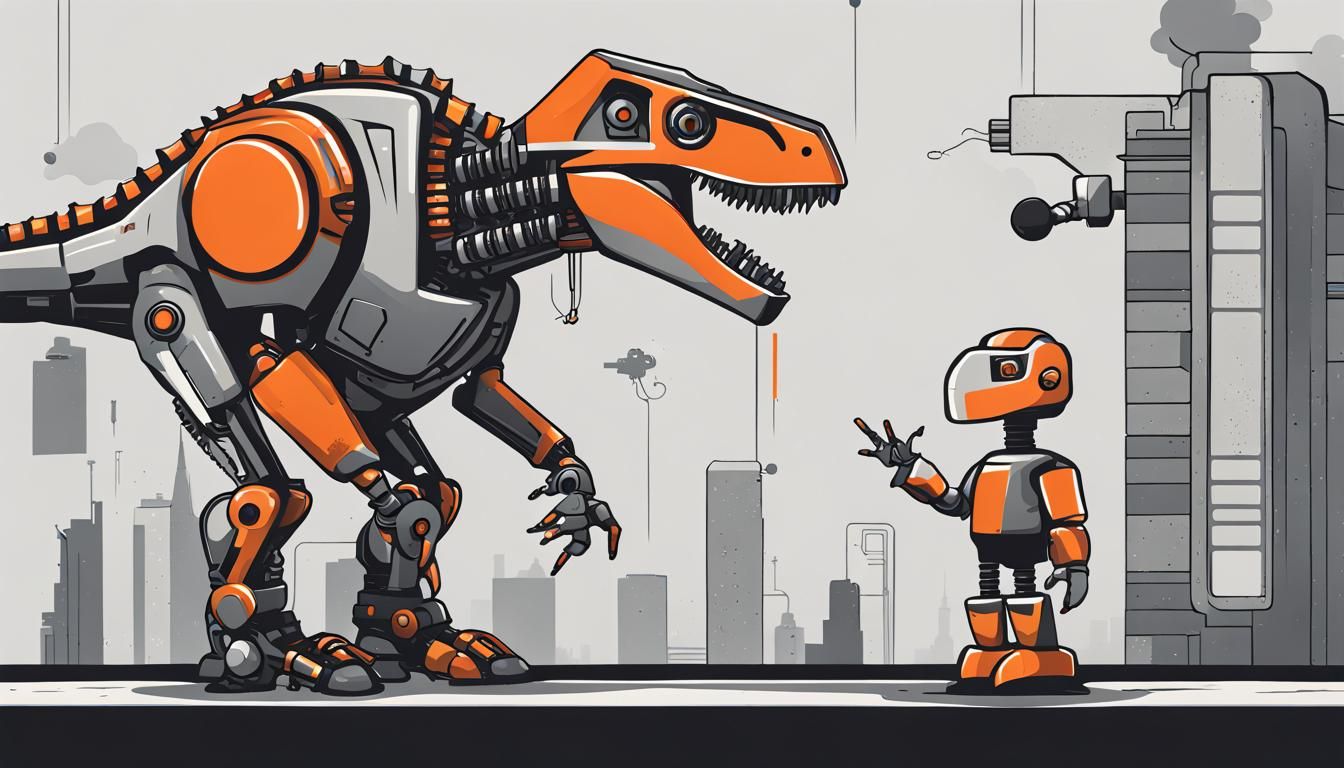 Minimalist Cartoon Robot and T-Rex in Cyberpunk Style