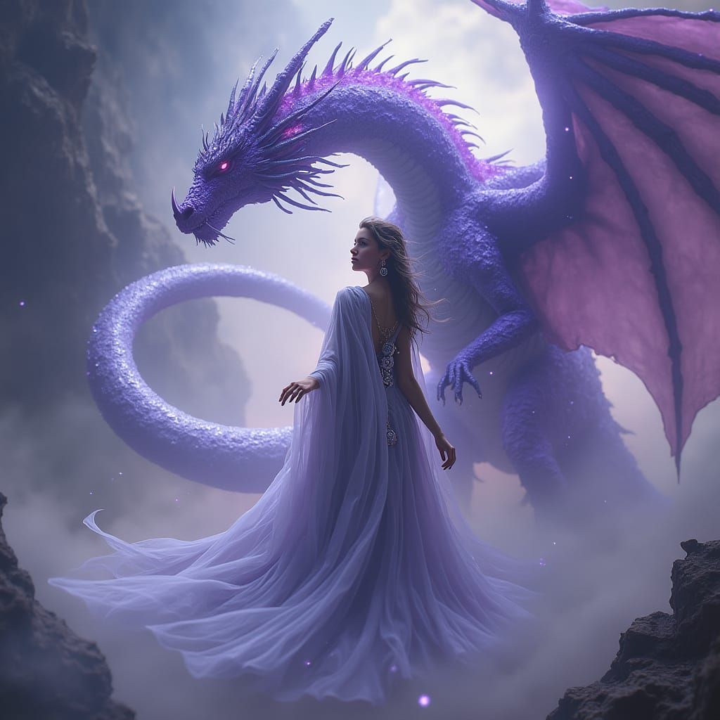 Mystical Sorceress Transforms into Iridescent Dragon