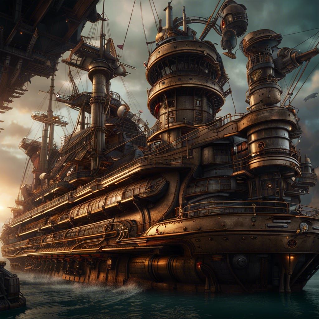 Glorious Steampunk Battleship in Detailed Matte Painting