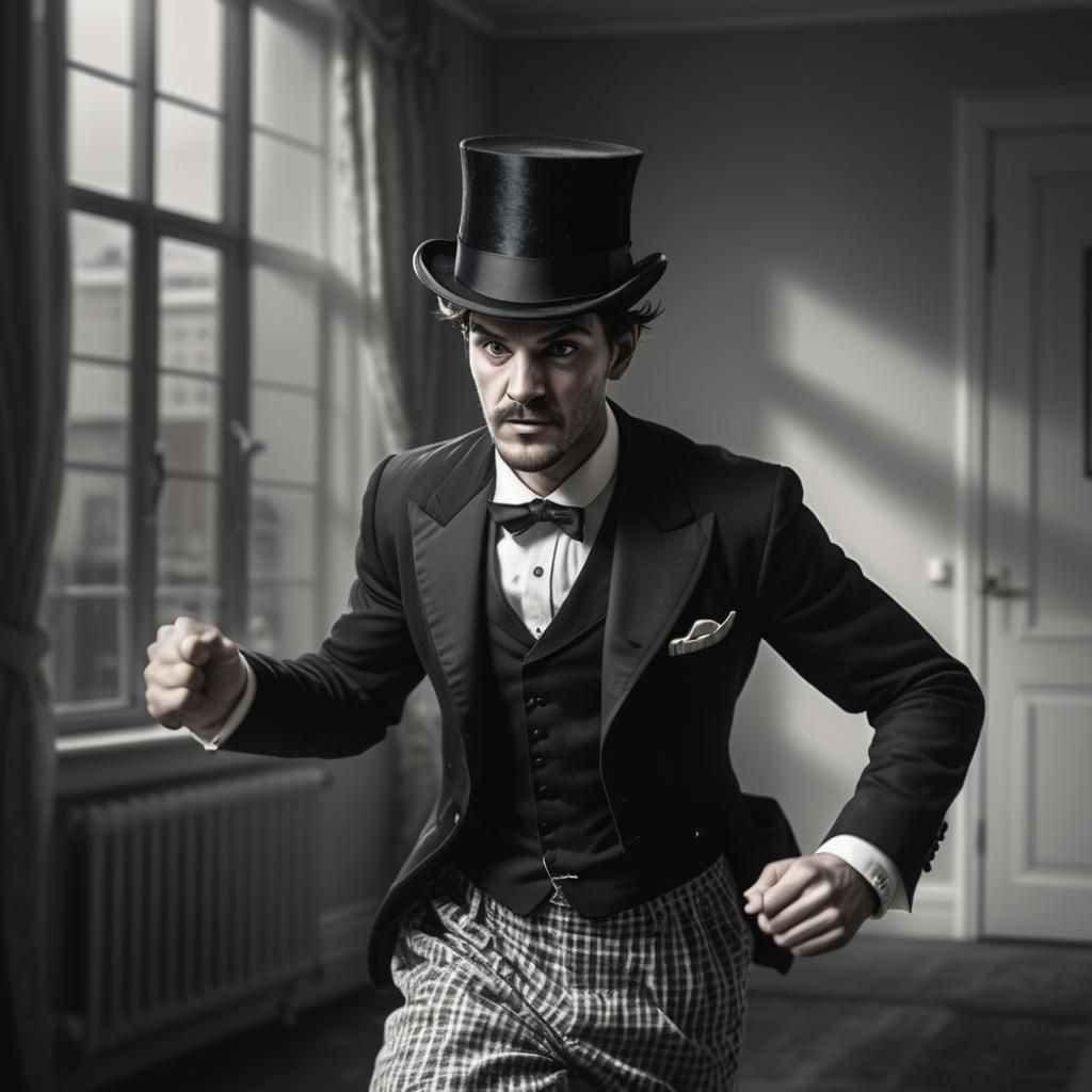Hyperrealistic Man in Top Hat Runs Through Apartment