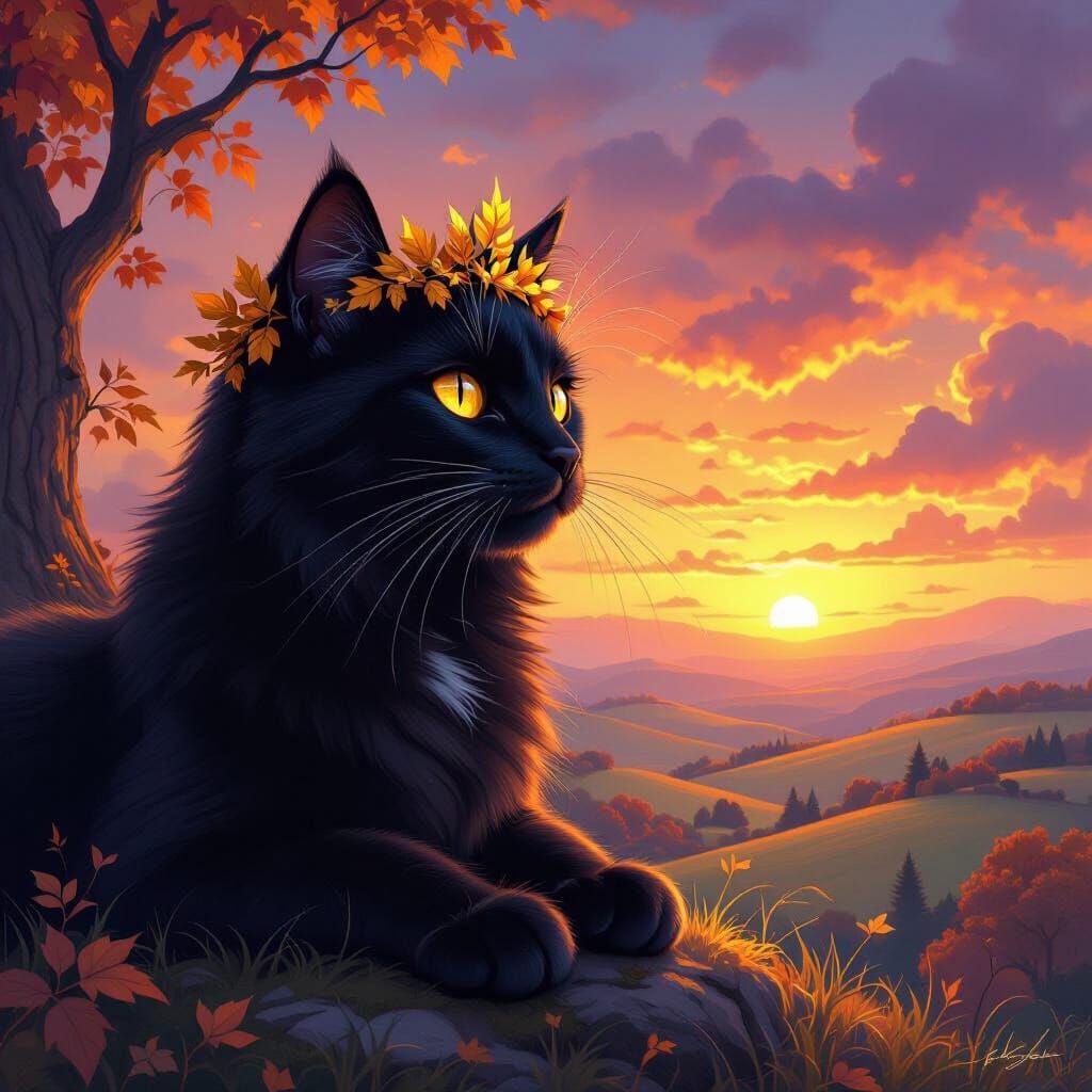 Majestic Black Cat King Surveys Fiery Sunset Kingdom