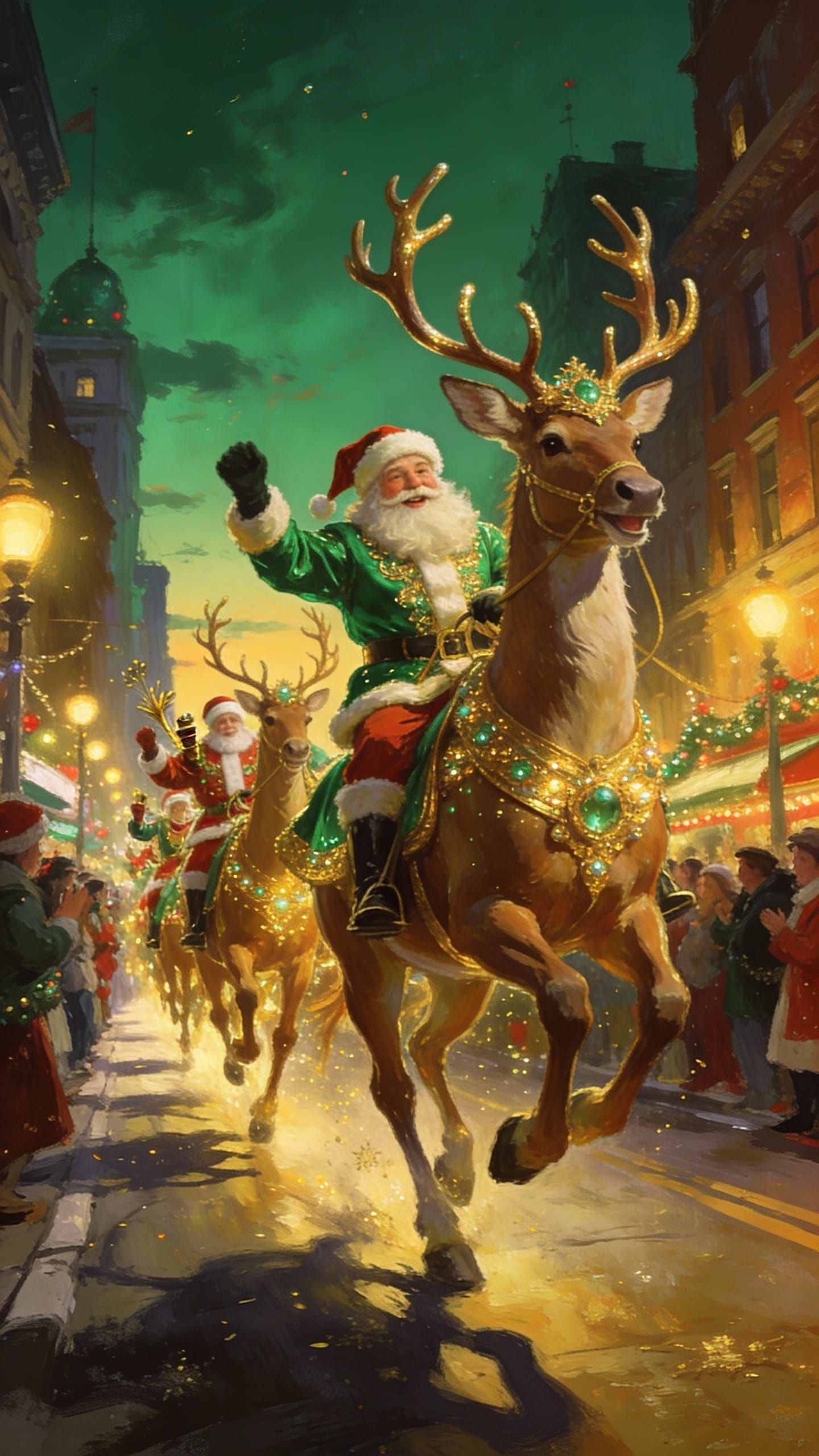 Emerald & Gold Santas Parade Down City Street at Dusk