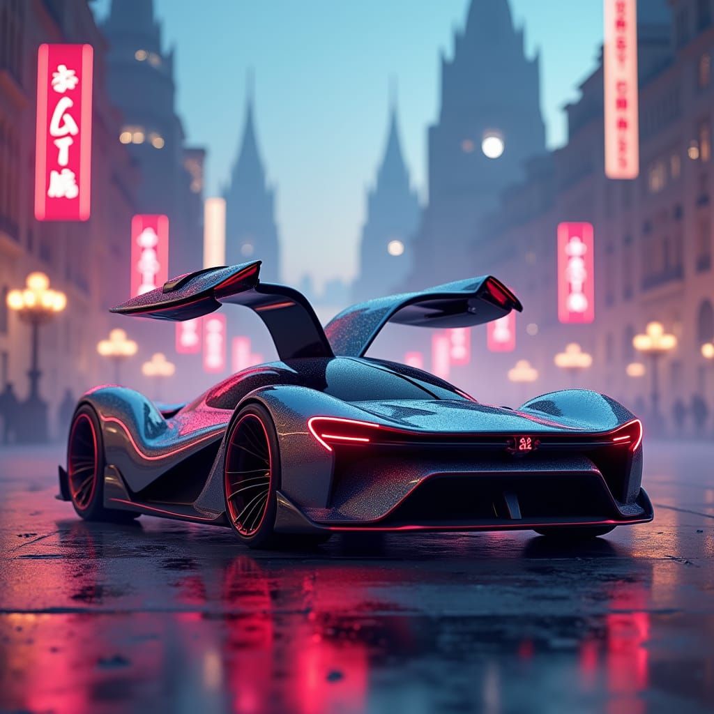 Futuristic Supercar in Ethereal Cityscape Concept Art