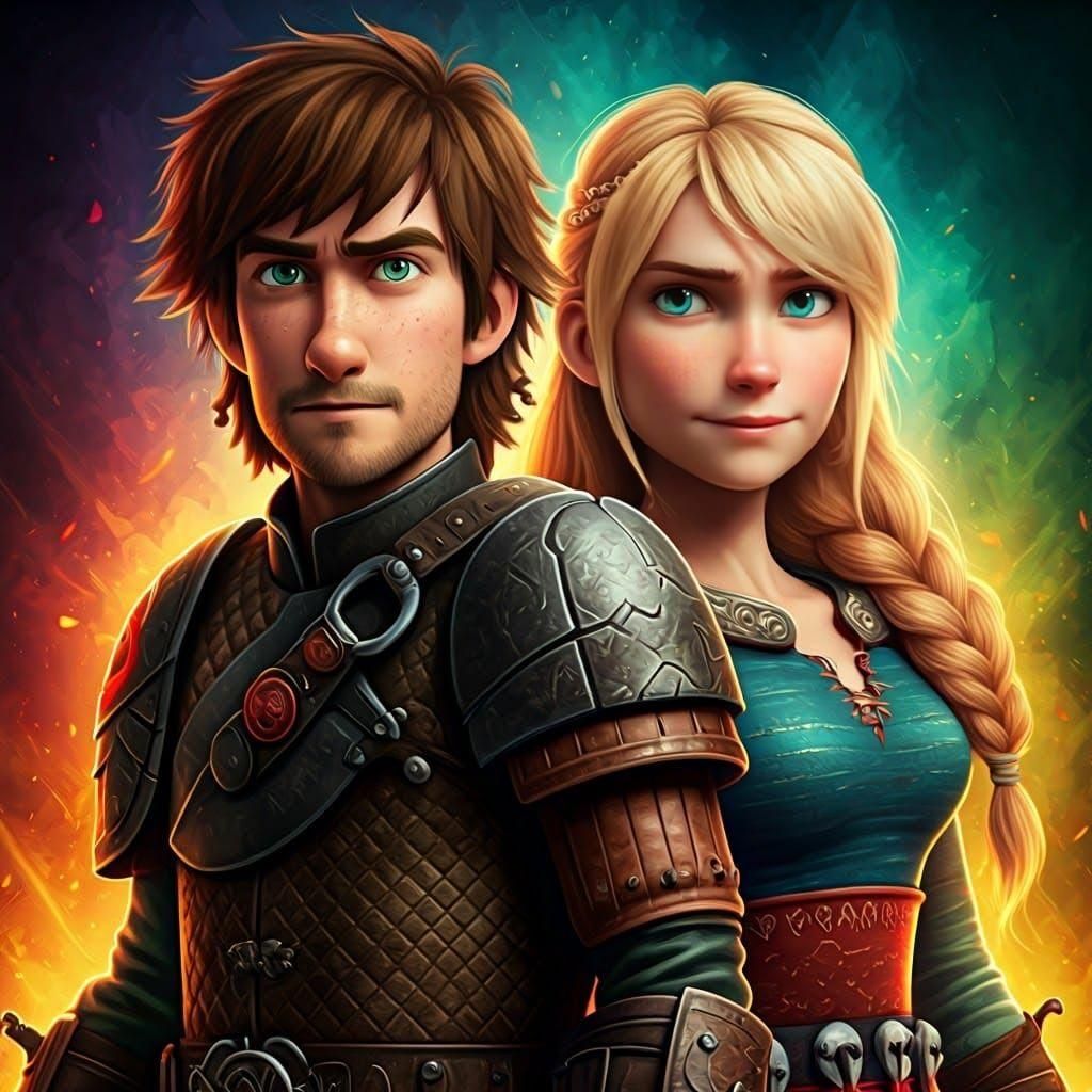 Hiccup and Astrid Portrait in Art Nouveau Style