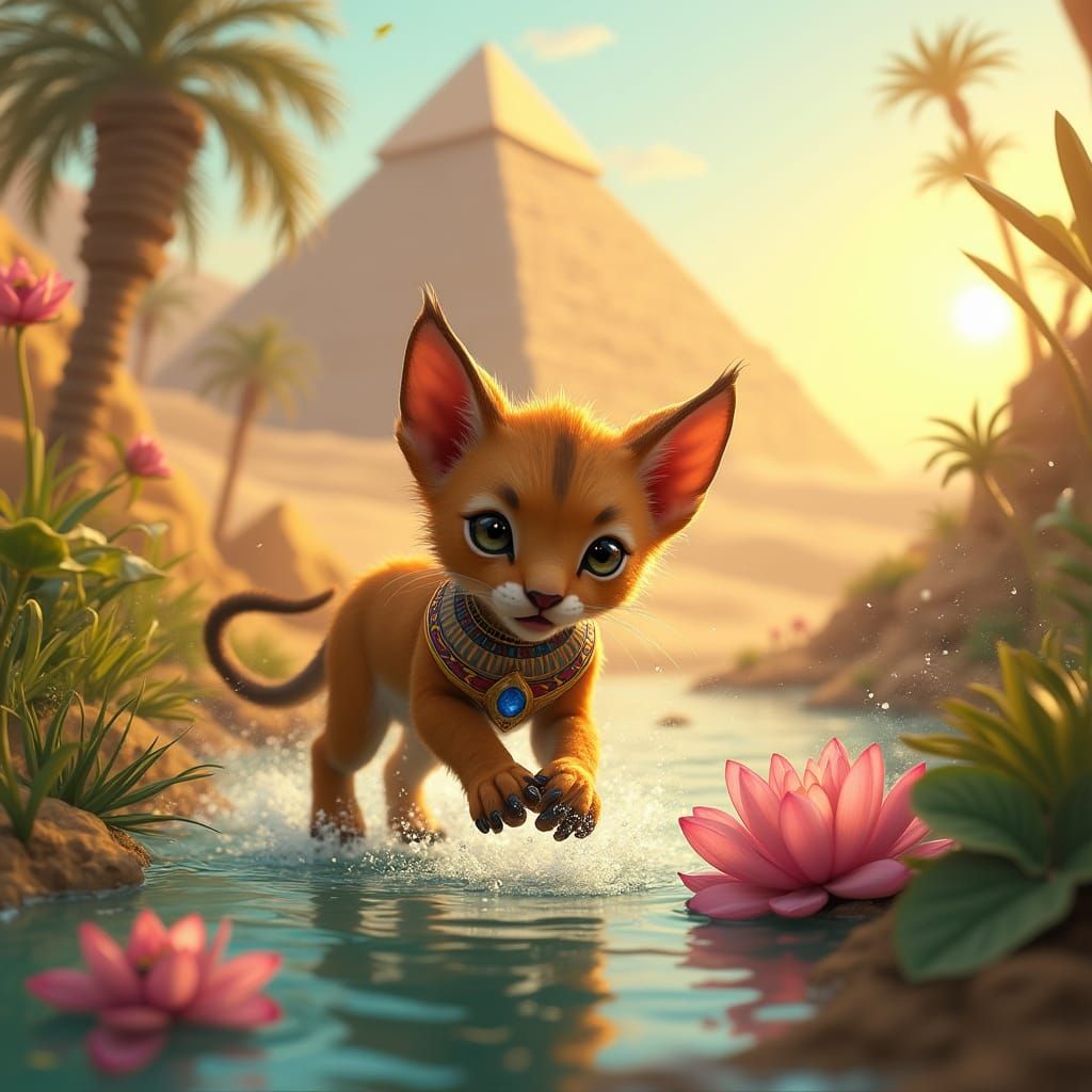 Egyptian Sphinx Cub Plays in Nile River Sunset