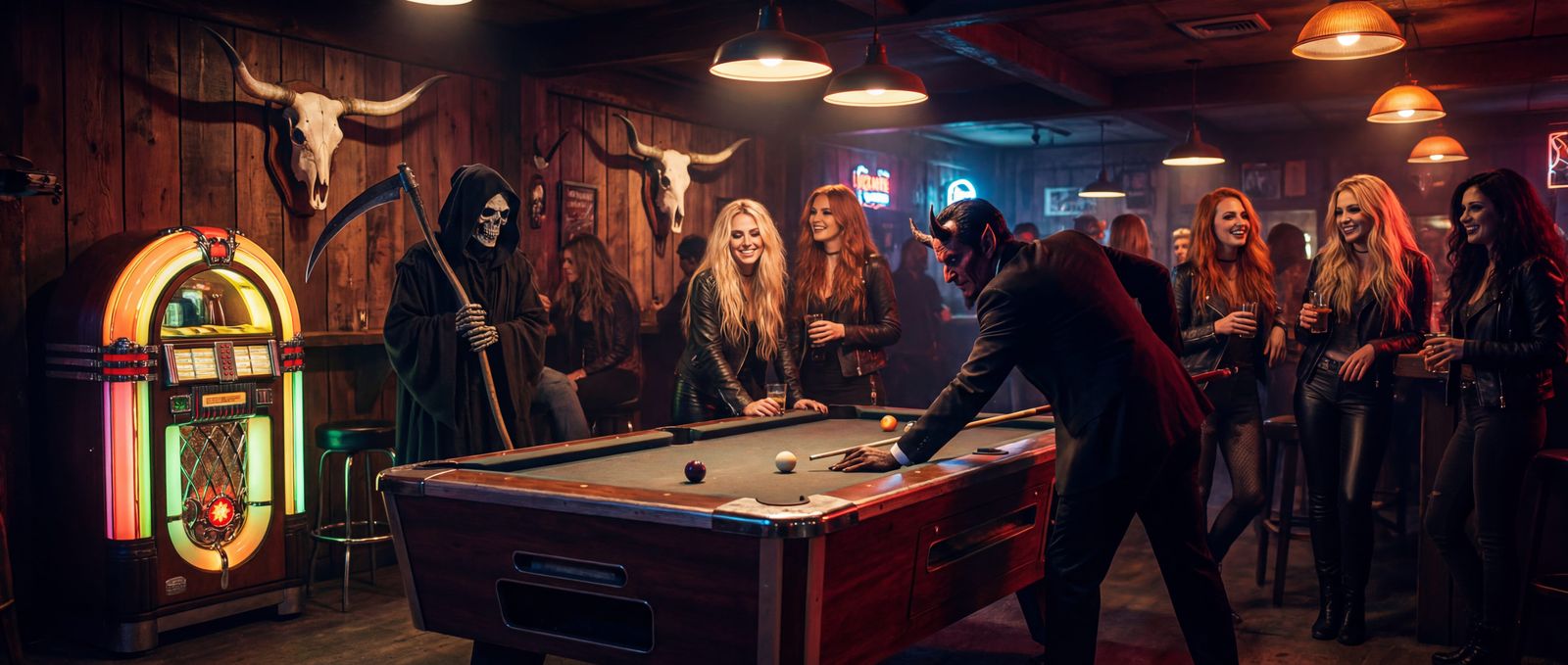 Devil and Grim Reaper Play Pool in Gritty Bar