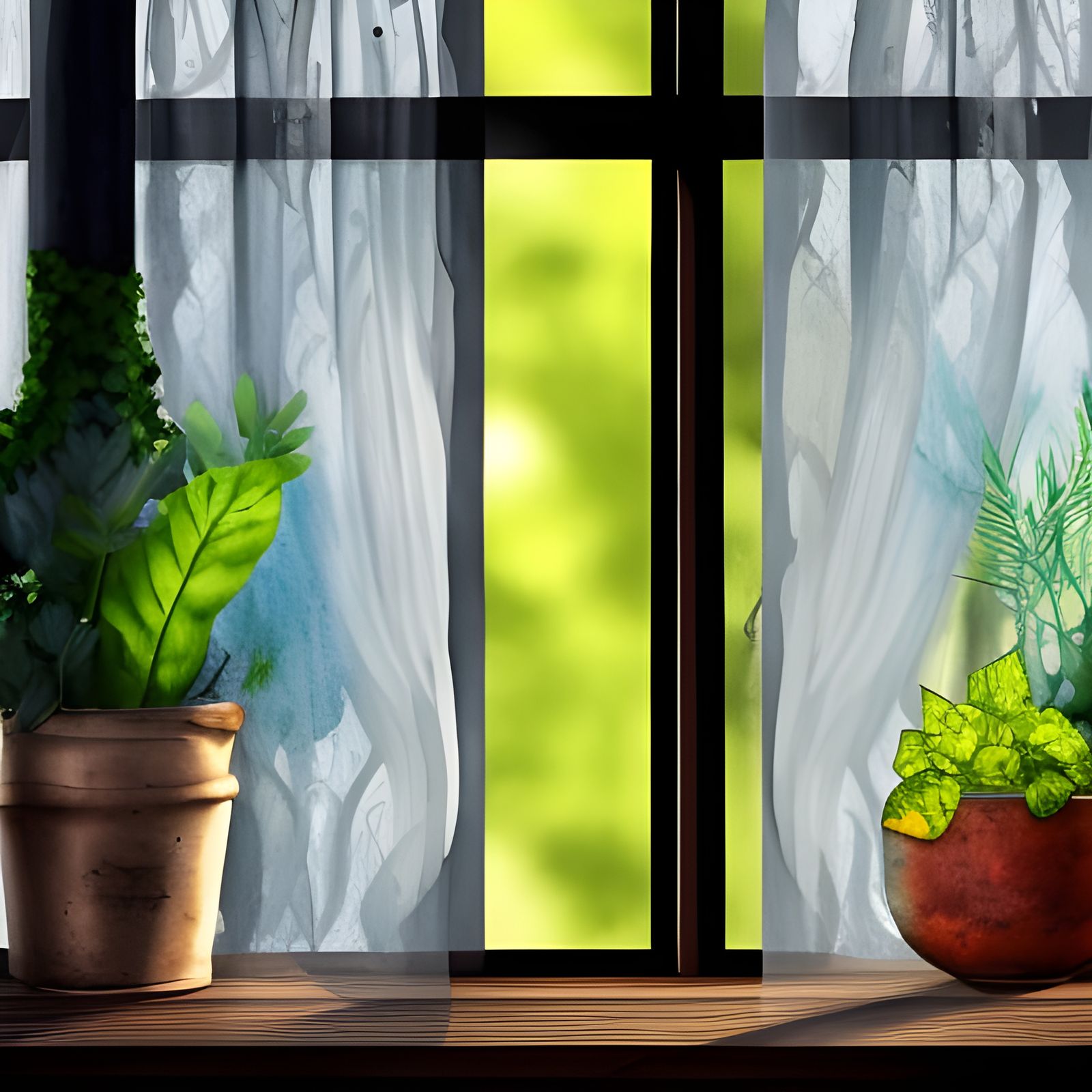 Lush Garden View Through Open Window in Watercolor