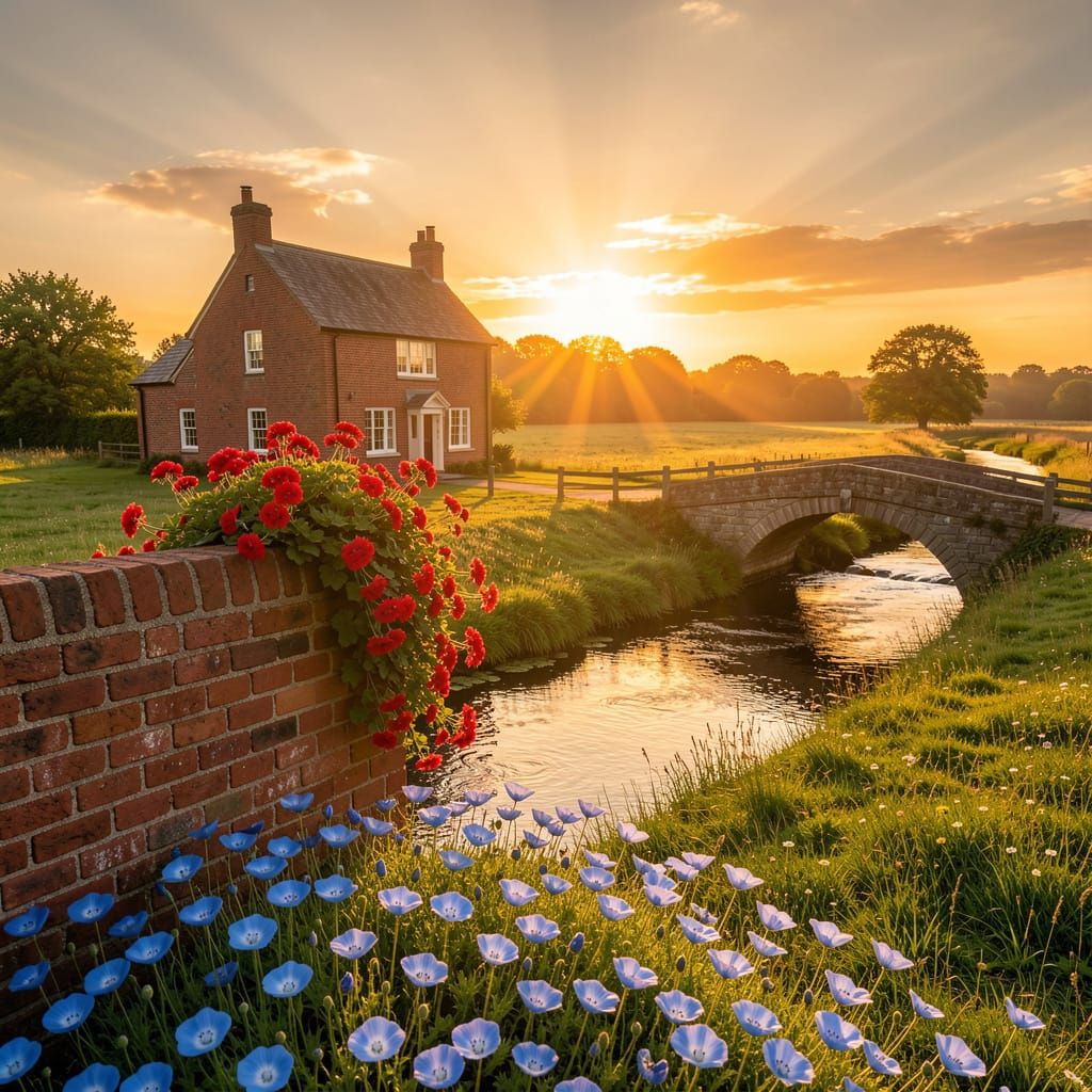 Golden Hour Cottage in Lush Meadow Landscape