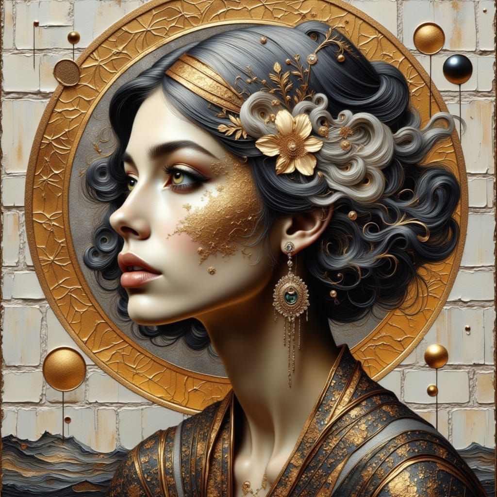 Surreal Lunar Goddess Portrait in Rose Gold and Silver Smoke