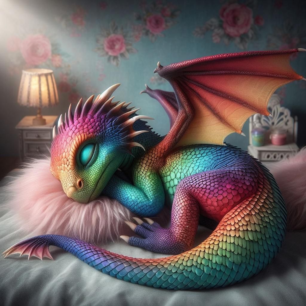 Rainbow Dragon Asleep in Girl's Room
