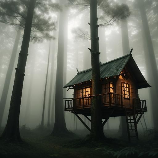 Enchanted Treehouses Aglow in Foggy Forest