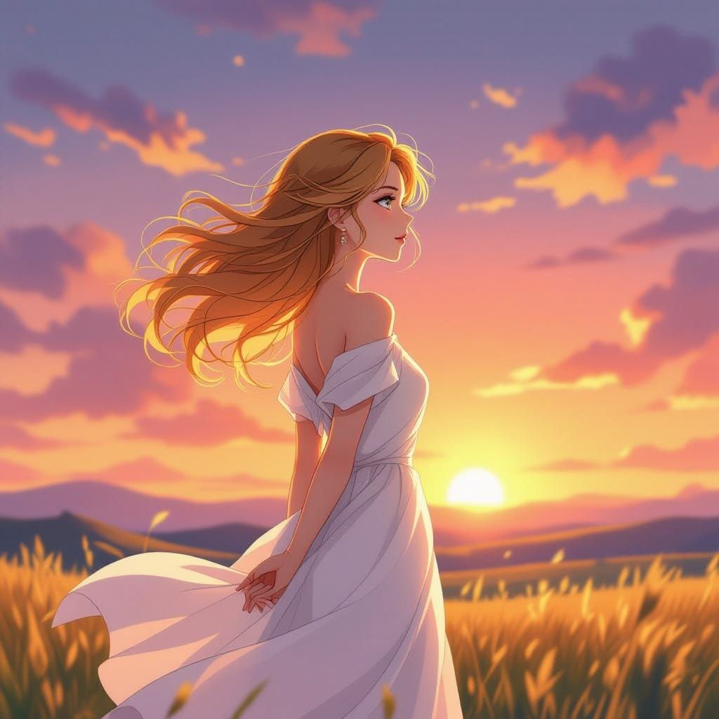 Anime Woman Gazes at Vibrant Sunrise in Ghibli Style