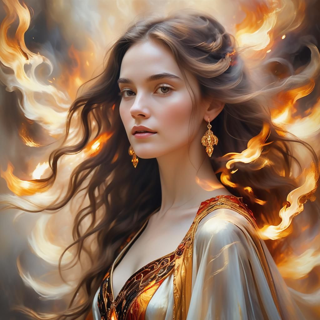 Divine Portrait of Woman Creating Fire in Klimt Style