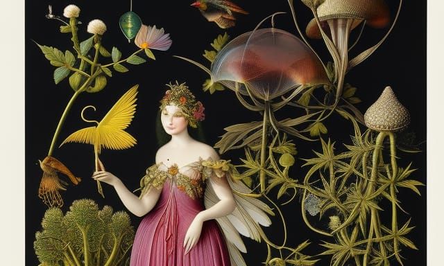 Detailed Fairy Illustration with Birds and Flowers