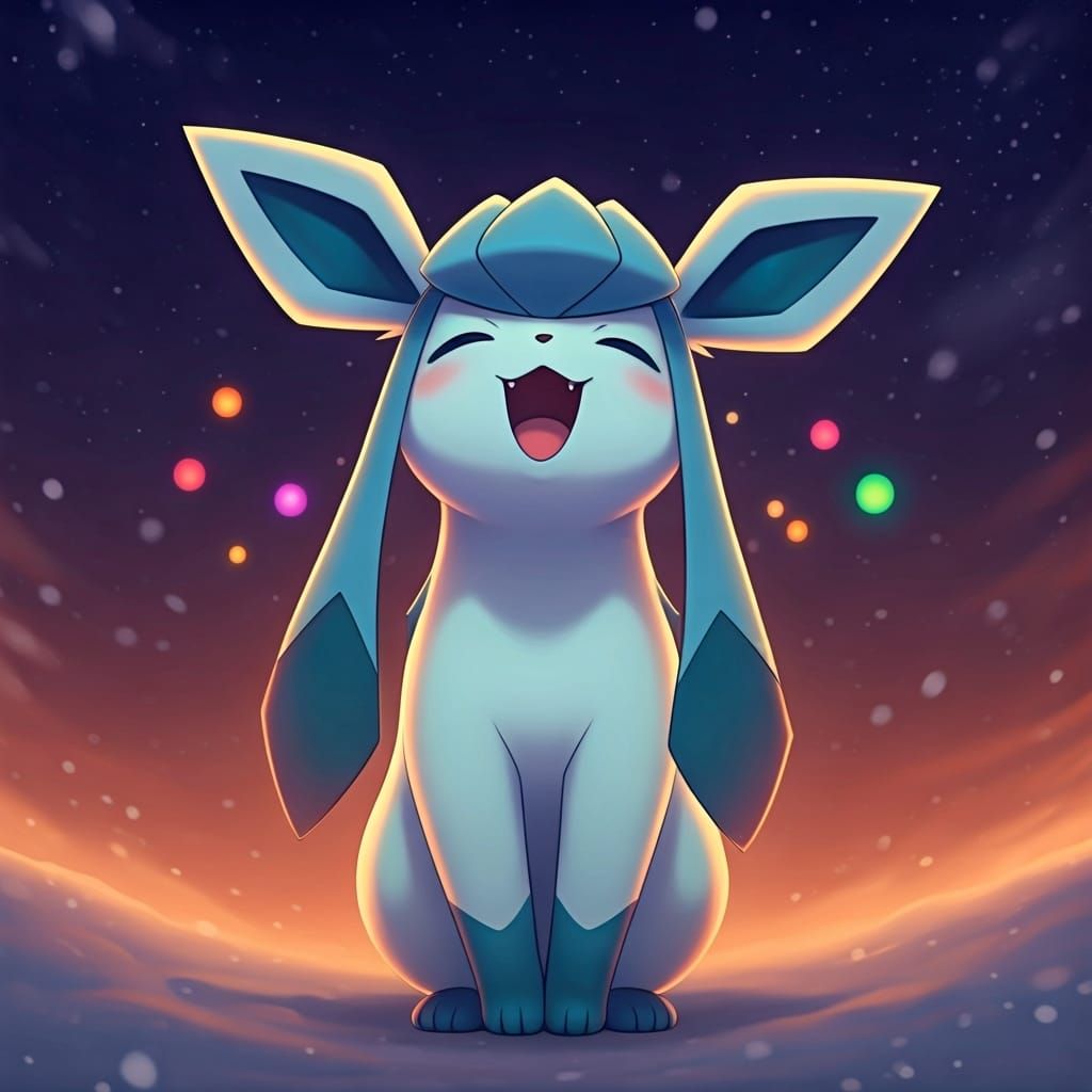 Cute Chibi Glaceon Shouting in Snowy Night Sky