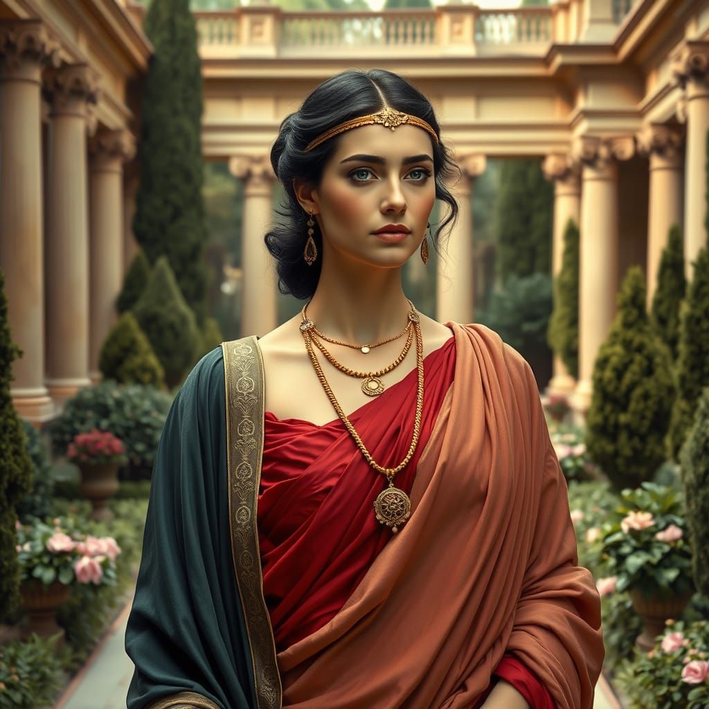 Elegant Roman Domina in Lush Villa Garden