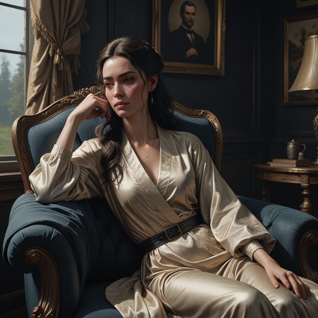 Elegant Woman in Contemplative Repose, in Antique Style