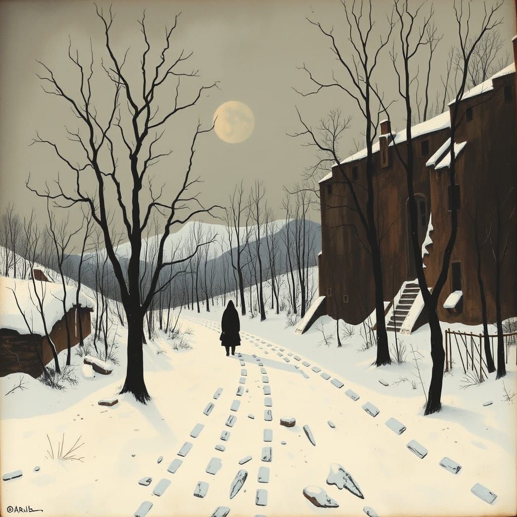 Vampire Figure in Dark Post-Apocalyptic Winter Landscape