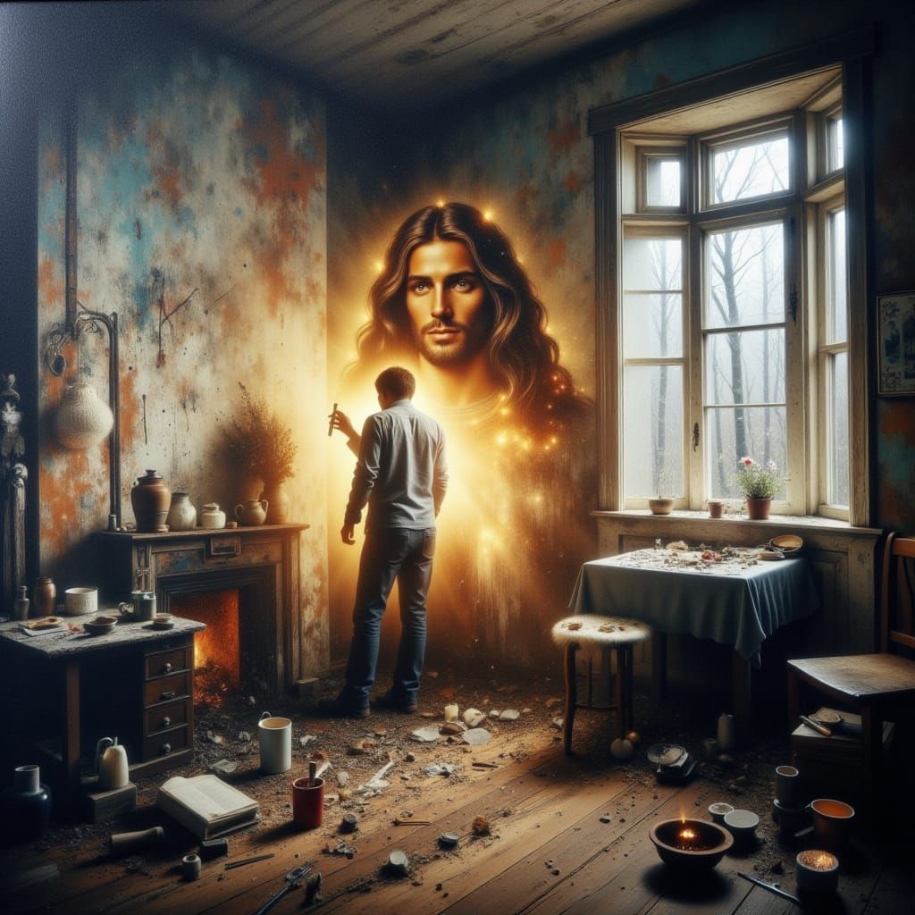 Oil painting. A person cleaning a dilapidated room with a double exposure of a glowing Jesus Christ overlaying it. <lora...