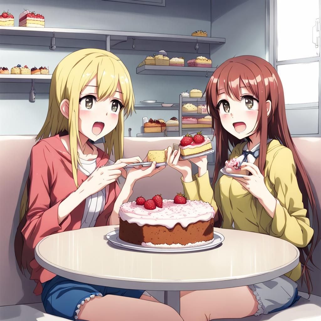 Girls Eating Sponge Cake in Anime Style