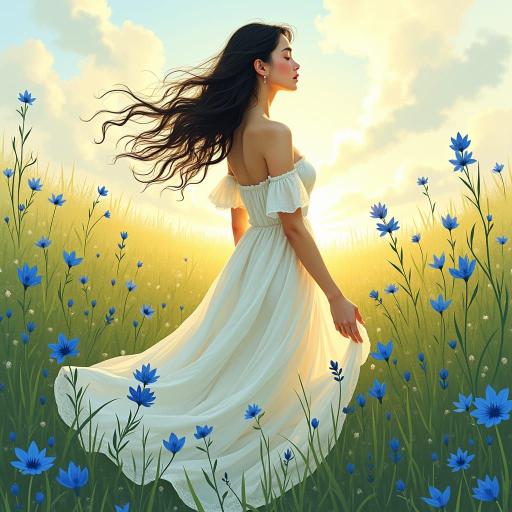 Ethereal Woman in Meadow of Cerulean Wildflowers