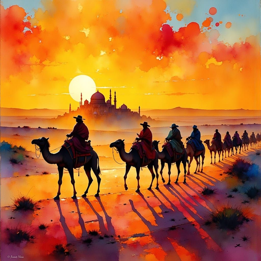 Samarkand Camel Caravan at Vibrant Sunset, Fauvist Style