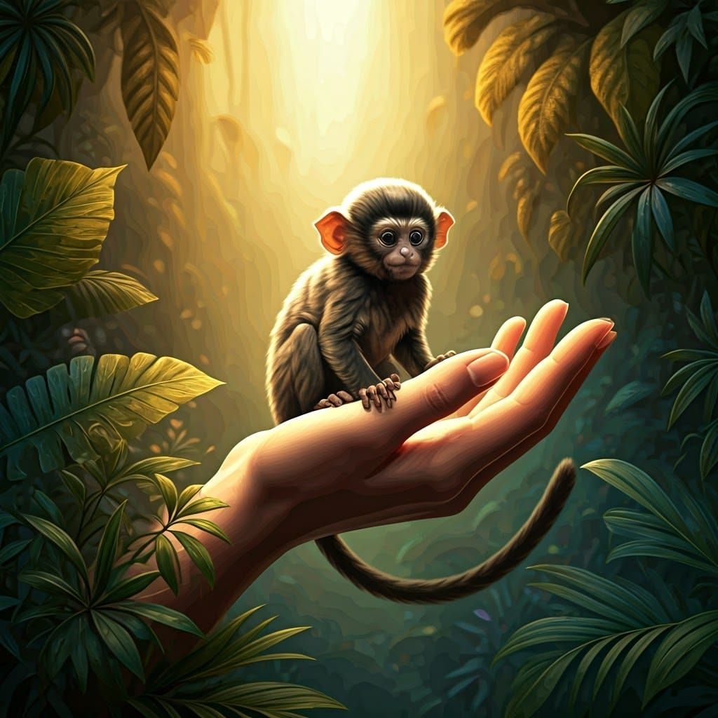 Tiny Monkey on Hand, Detailed Matte Painting