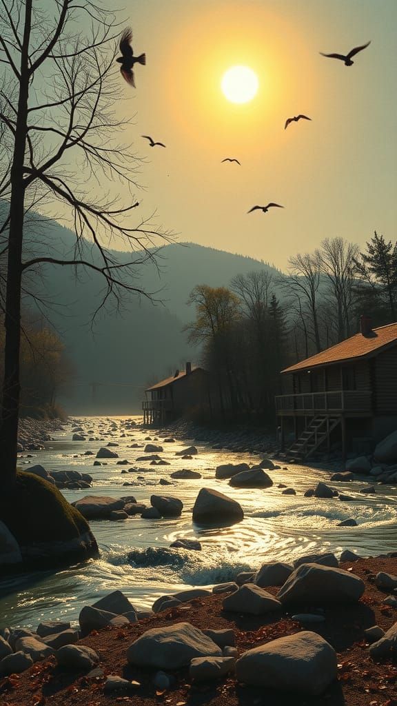 Lovers by River at Sunrise in Art Nouveau Style