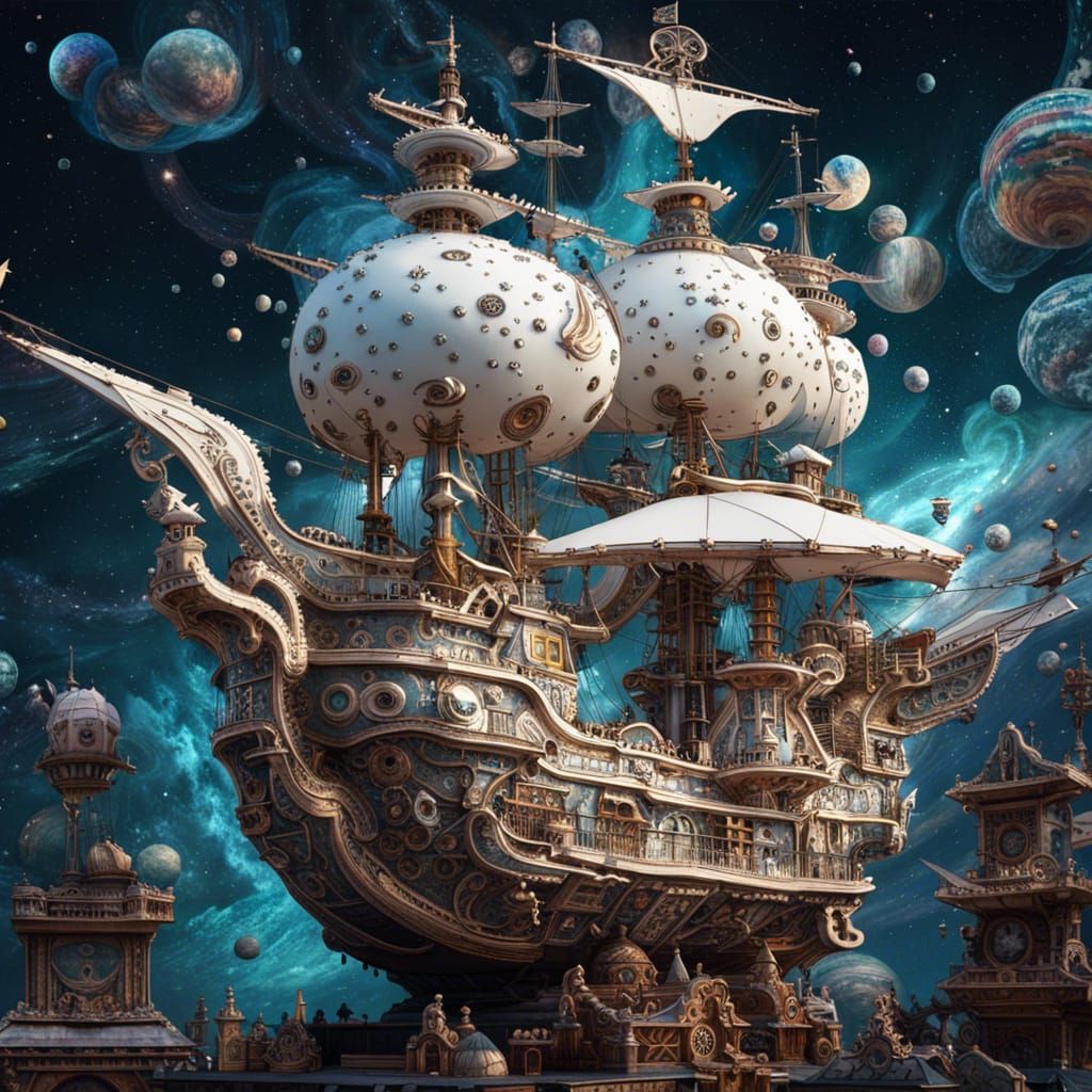 Kawaii Punk Alien Pirate Ship in Gothic Rococo Style