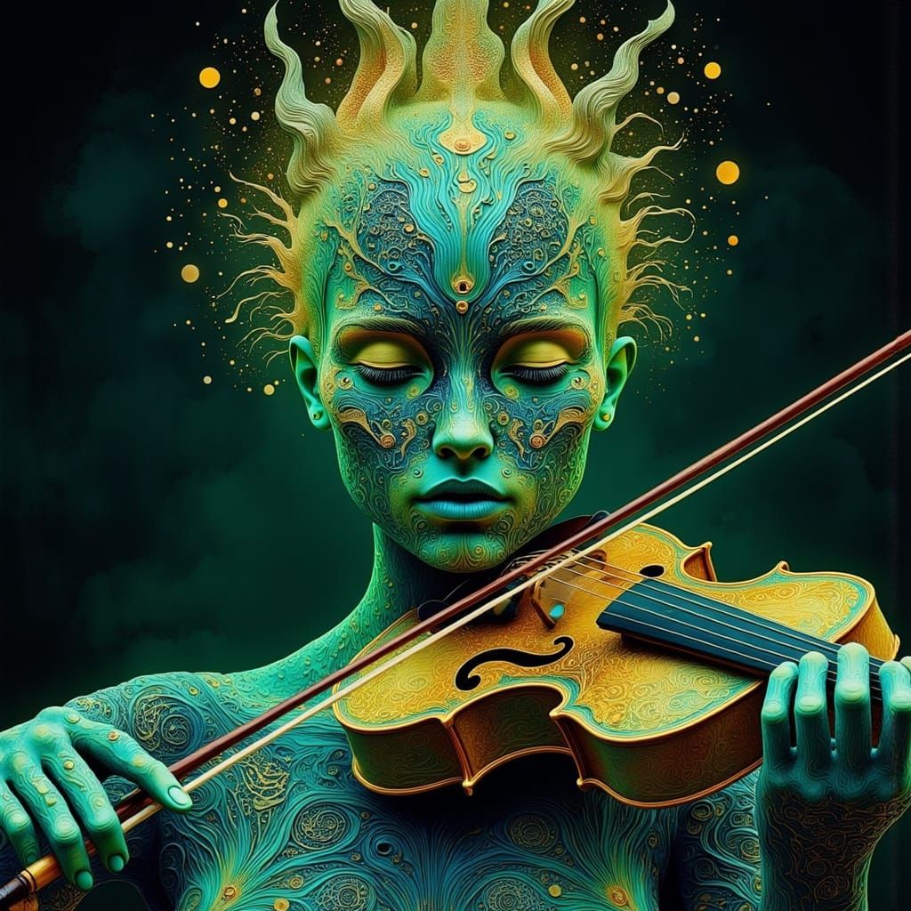 Surreal Violin on Misty Pedestal in Dreamlike Style