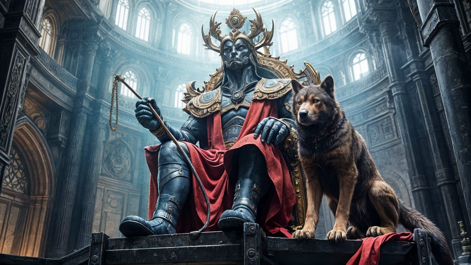 Cyberpunk-Style Anime Judge Sits in Marble Throne