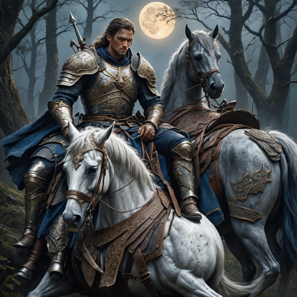 Fantasy Warrior Sleeping on Horseback in Misty Forest