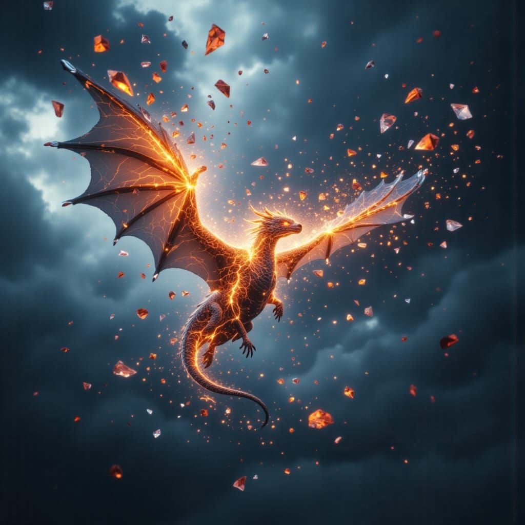 Crystal Dragon Soaring in Stormy Sky