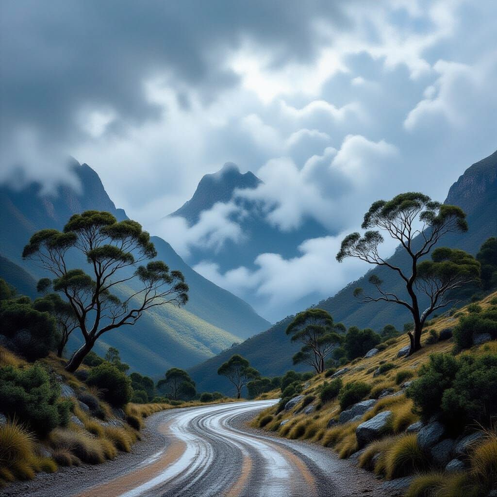 Tasmanian Highlands Mist-Shrouded Peaks Matte Painting