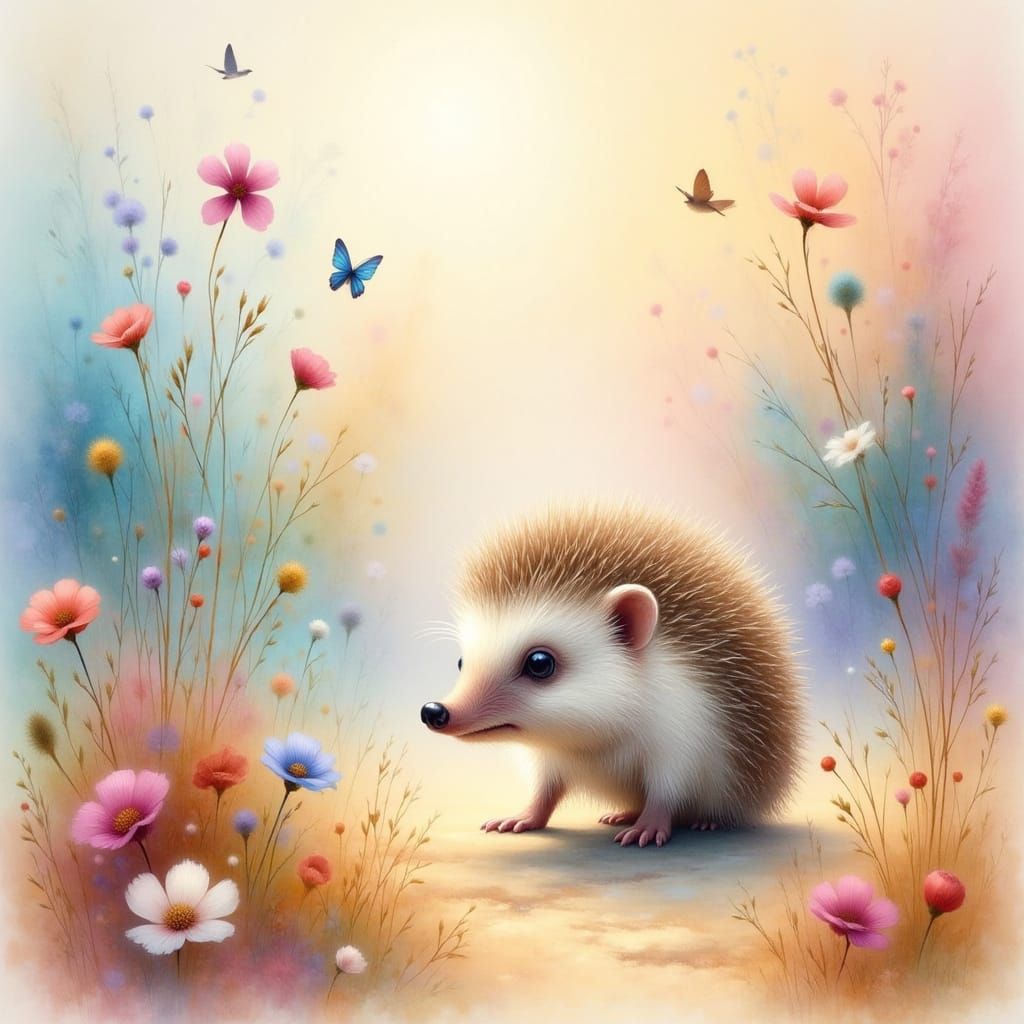 Watercolor Hedgehog in Dreamy Kidcore Scene