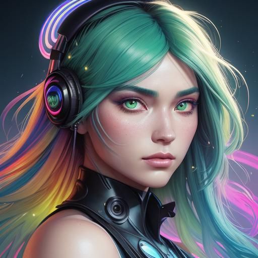 Neon Haired Woman in Surreal Pointillism Style