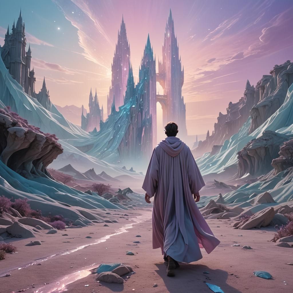 Ethereal Crystal Landscape with Figure in Golden Light