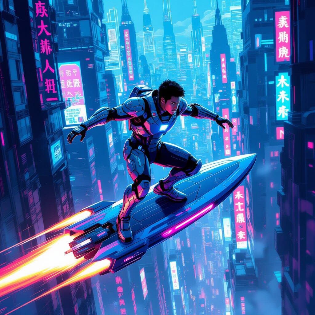 Cyberpunk Hero Soaring Through Neon Metropolis