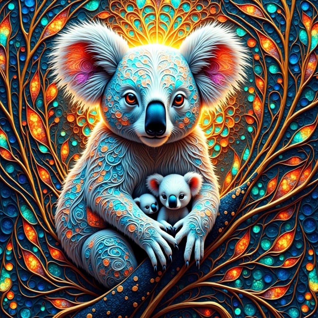 White Koala with Cubs in Abstract Stained Glass Style