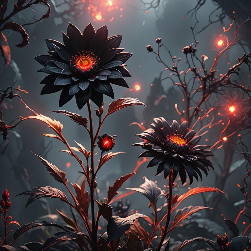 Dramatic Close-Up of a Black Flower with Red Pollen