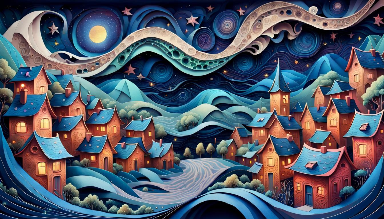 Starry Village in Art Nouveau Digital Style