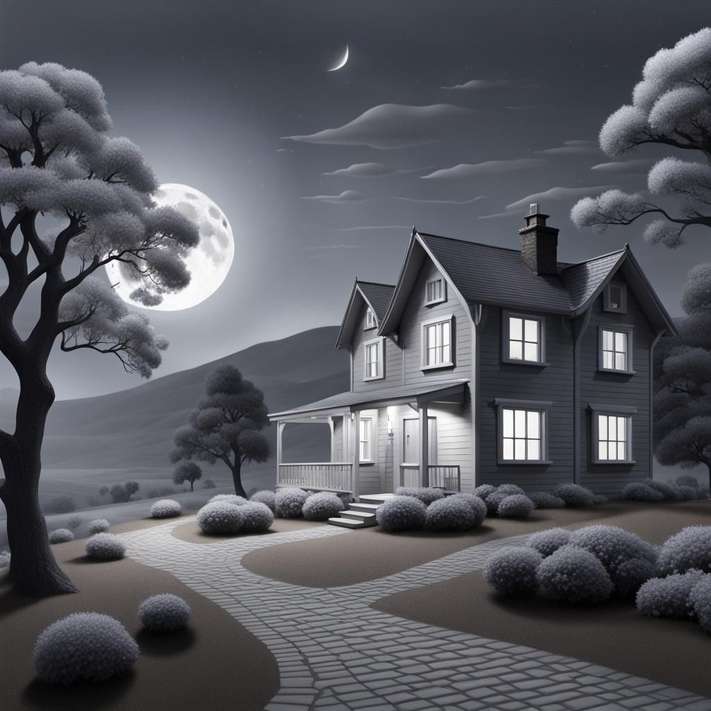 Grayscale House Under Moonlight in Photorealistic 3D